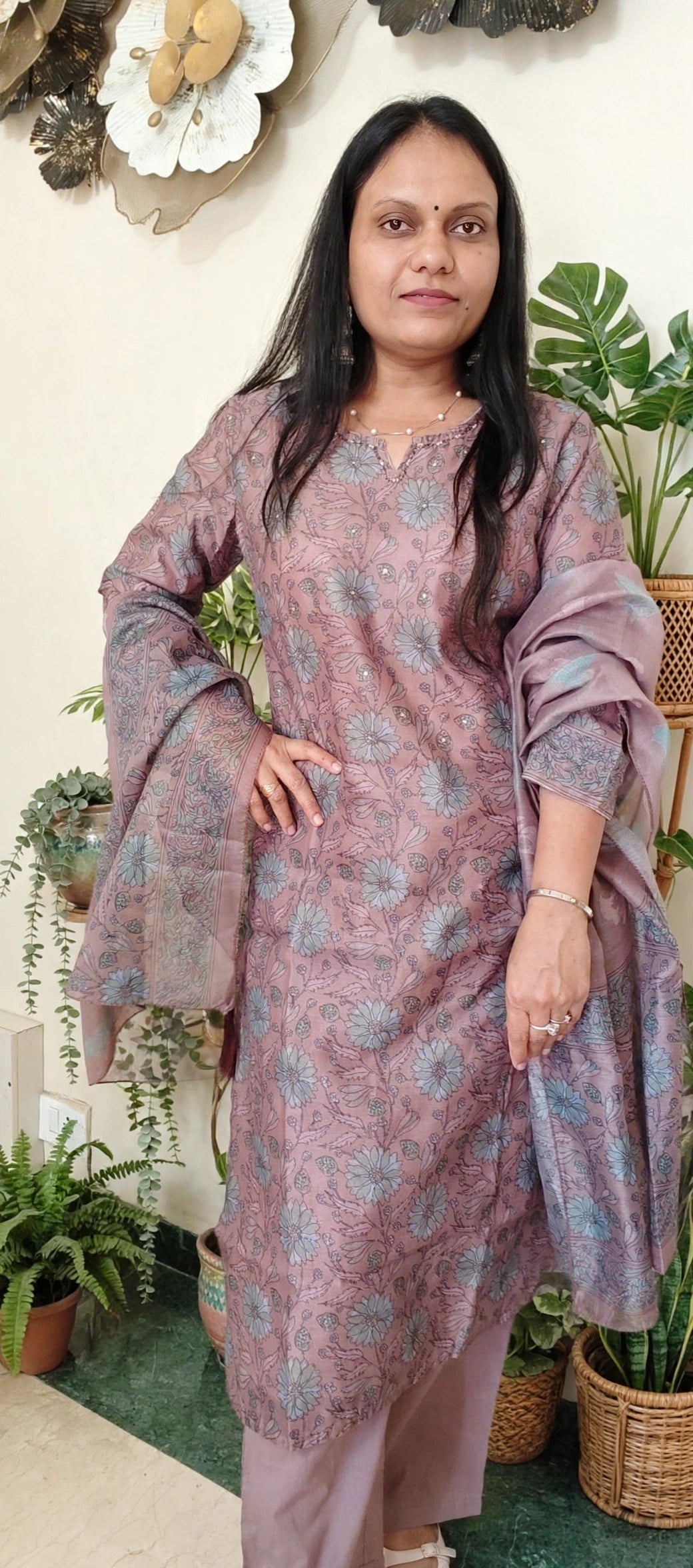 Light Cocoa Shade Mul Chanderi Cotton Floral Print Suit Set with Dupatta