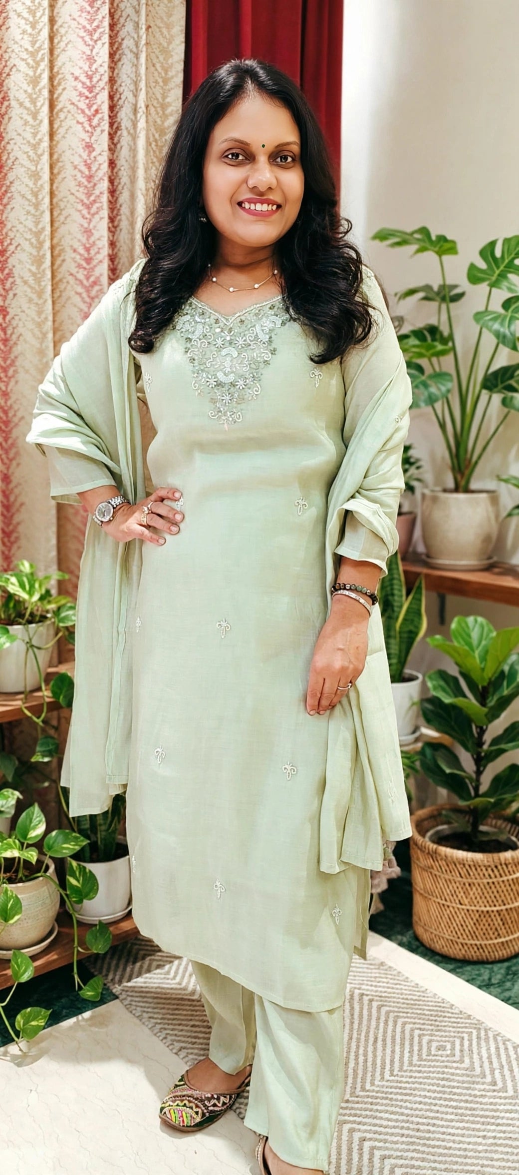 Pastel Green pearl embroidered neckline partywear mulchanderi Suit set, small pearl motif detailing on kurta and duptta, 3/4 sleves Mulchanderi pants