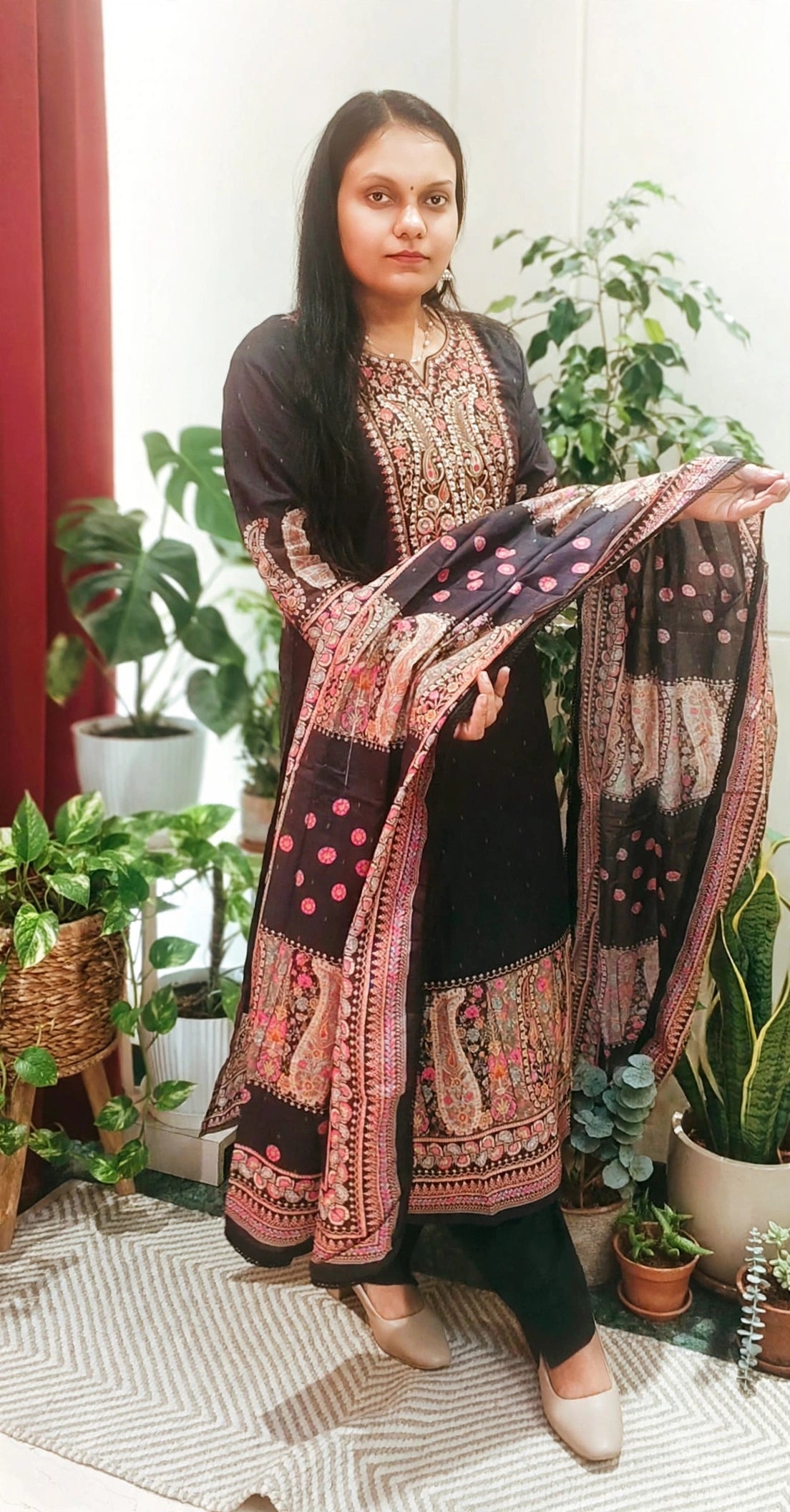 Black Cotton Suit Set with Kashmiri Paisley Print & Multicolor Embroidered Yoke