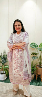 Off-White Cotton Kota Doria Suit Set with Mauve Floral Print & Sequin Embellished Yoke