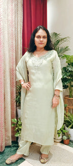Pastel Green pearl embroidered neckline partywear mulchanderi Suit set, small pearl motif detailing on kurta and duptta, 3/4 sleves Mulchanderi pants