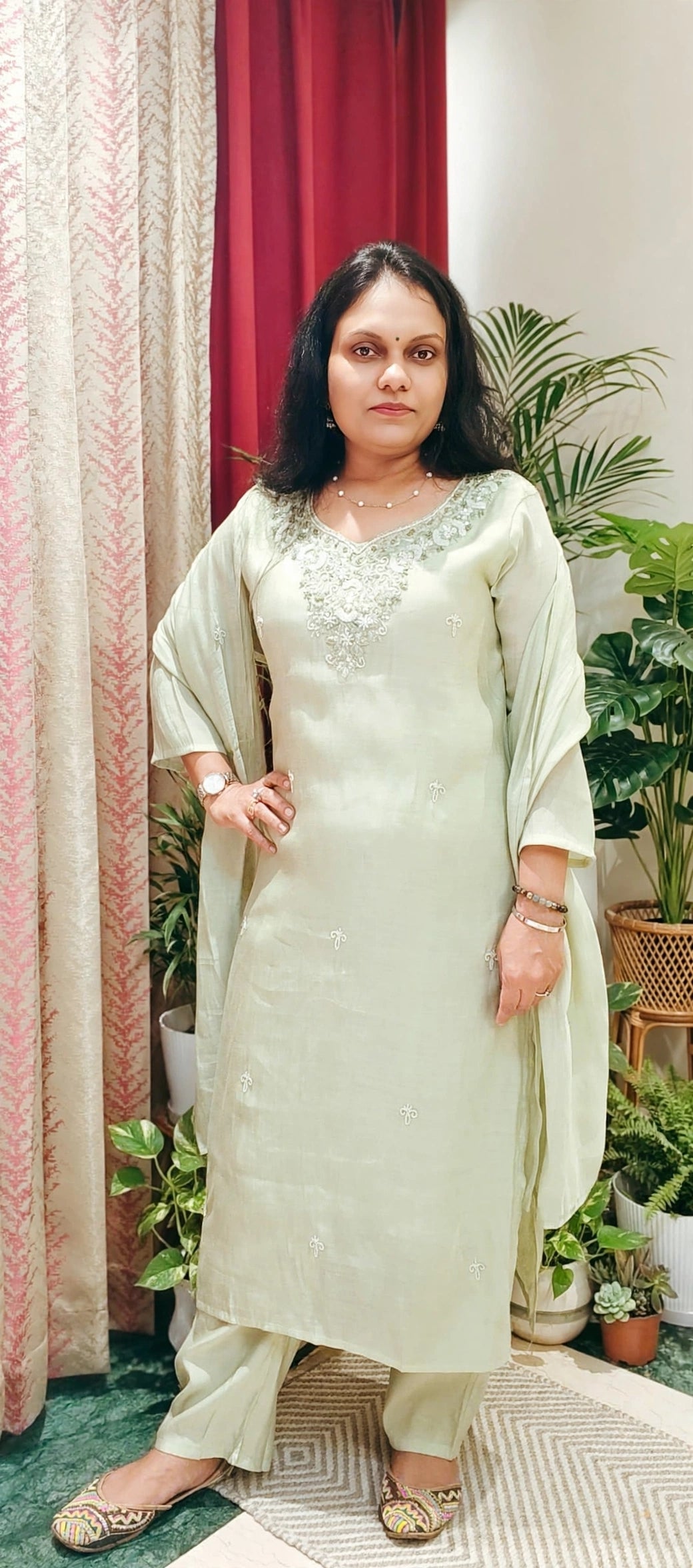 Pastel Green pearl embroidered neckline partywear mulchanderi Suit set, small pearl motif detailing on kurta and duptta, 3/4 sleves Mulchanderi pants