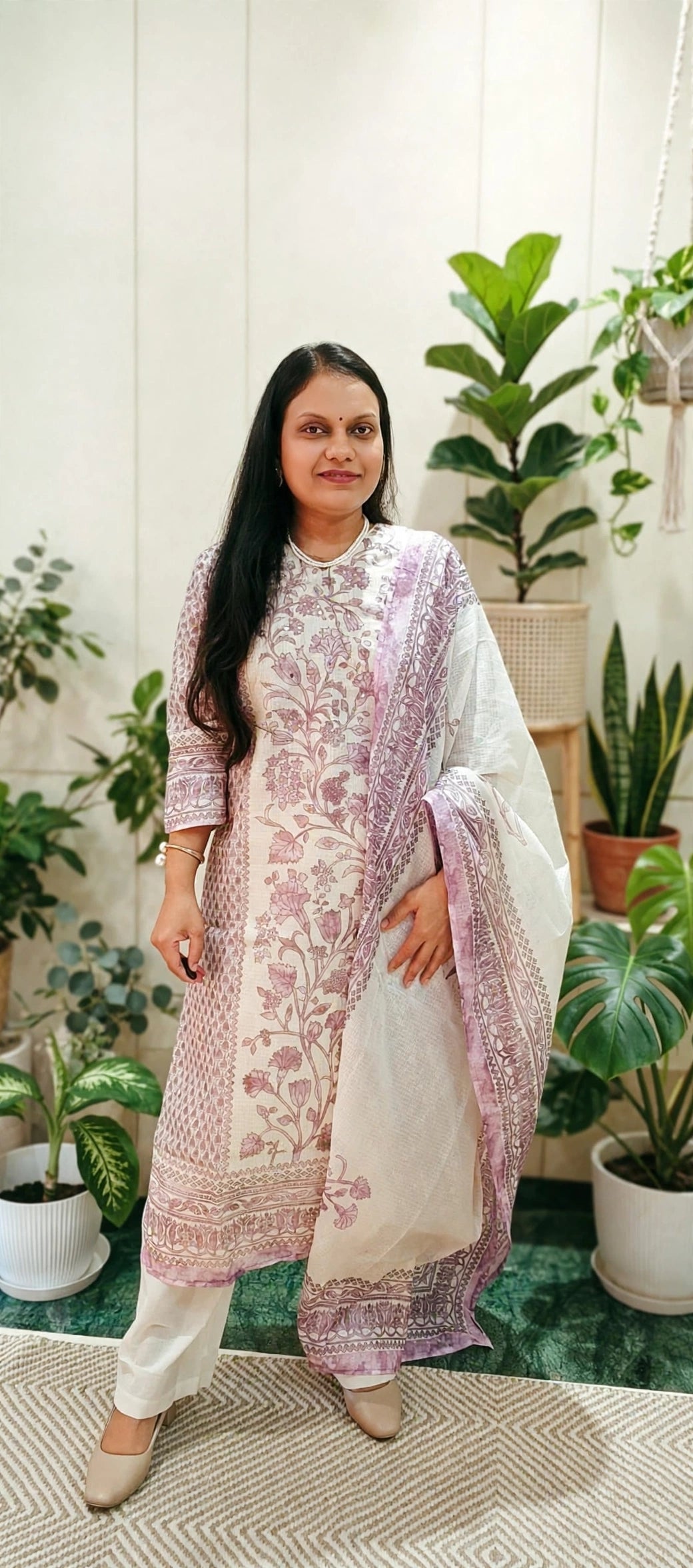 Off-White Cotton Kota Doria Suit Set with Mauve Floral Print & Sequin Embellished Yoke