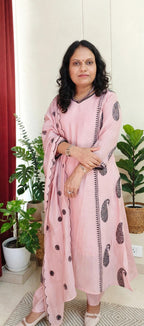 Baby Pink Mul Chanderi Cotton Paisley Embroidered Suit Set with Scalloped Dupatta
