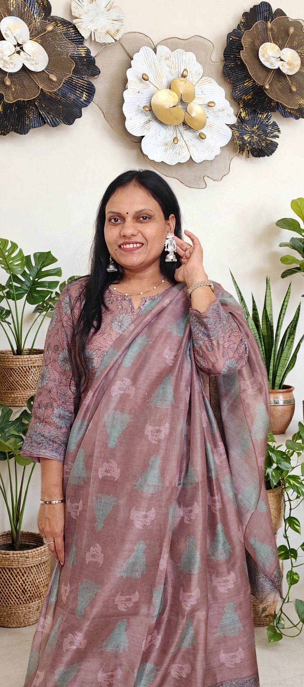 Light Cocoa Shade Mul Chanderi Cotton Floral Print Suit Set with Dupatta