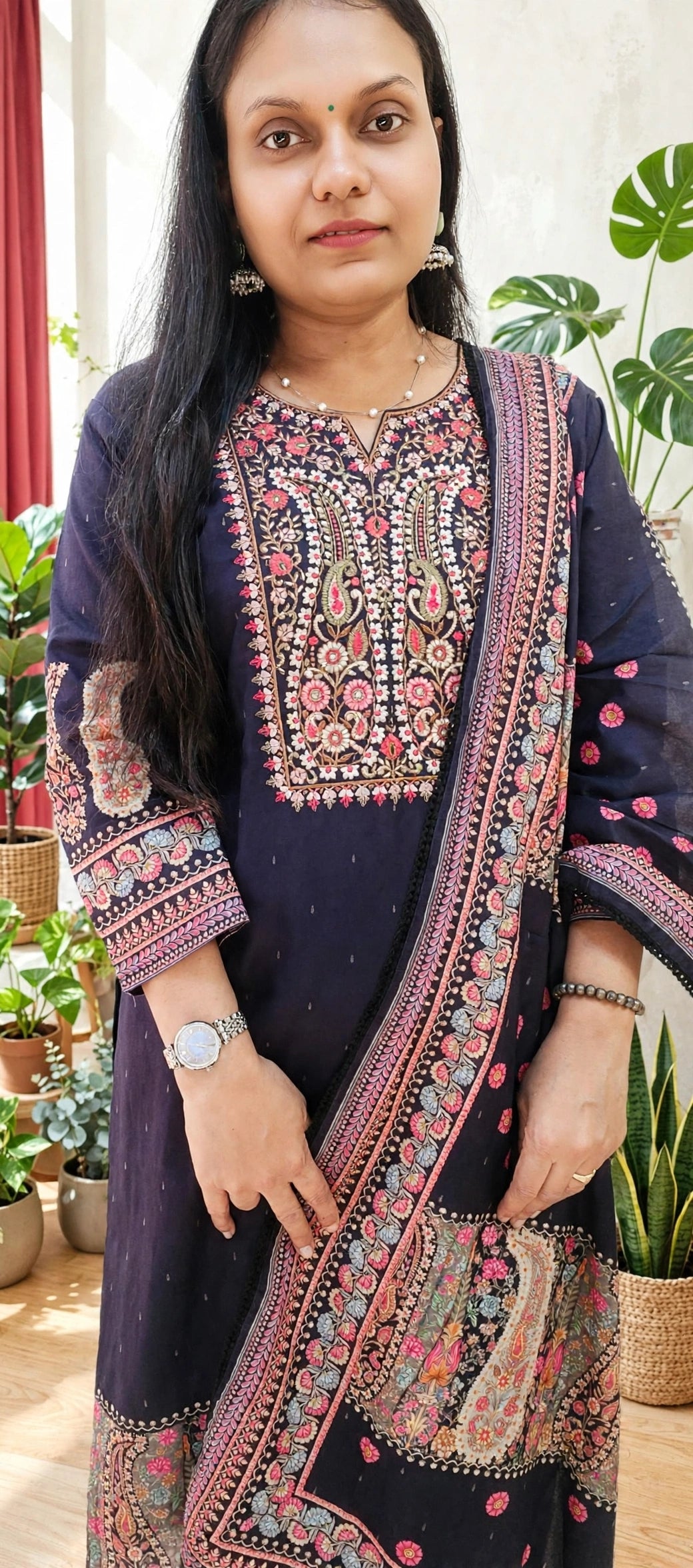 Black Cotton Suit Set with Kashmiri Paisley Print & Multicolor Embroidered Yoke
