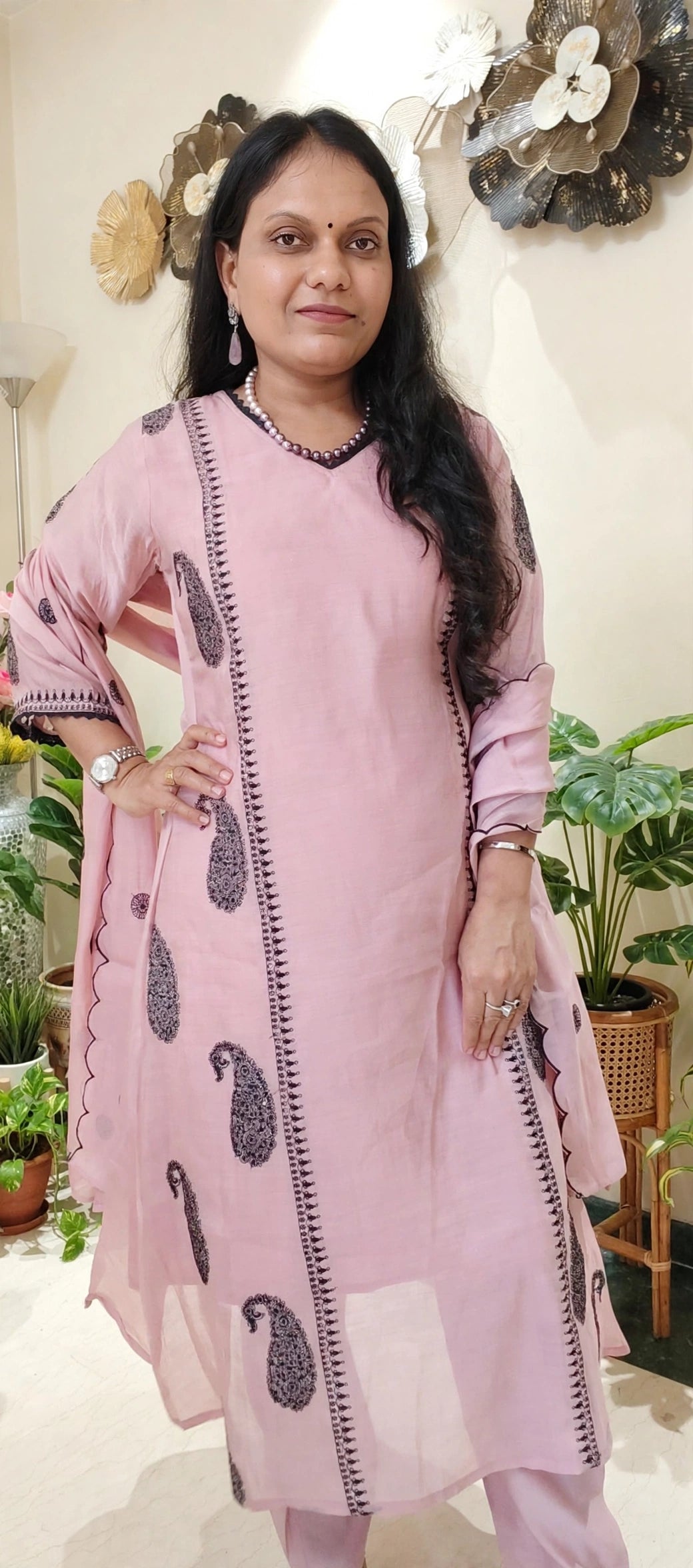 Baby Pink Mul Chanderi Cotton Paisley Embroidered Suit Set with Scalloped Dupatta