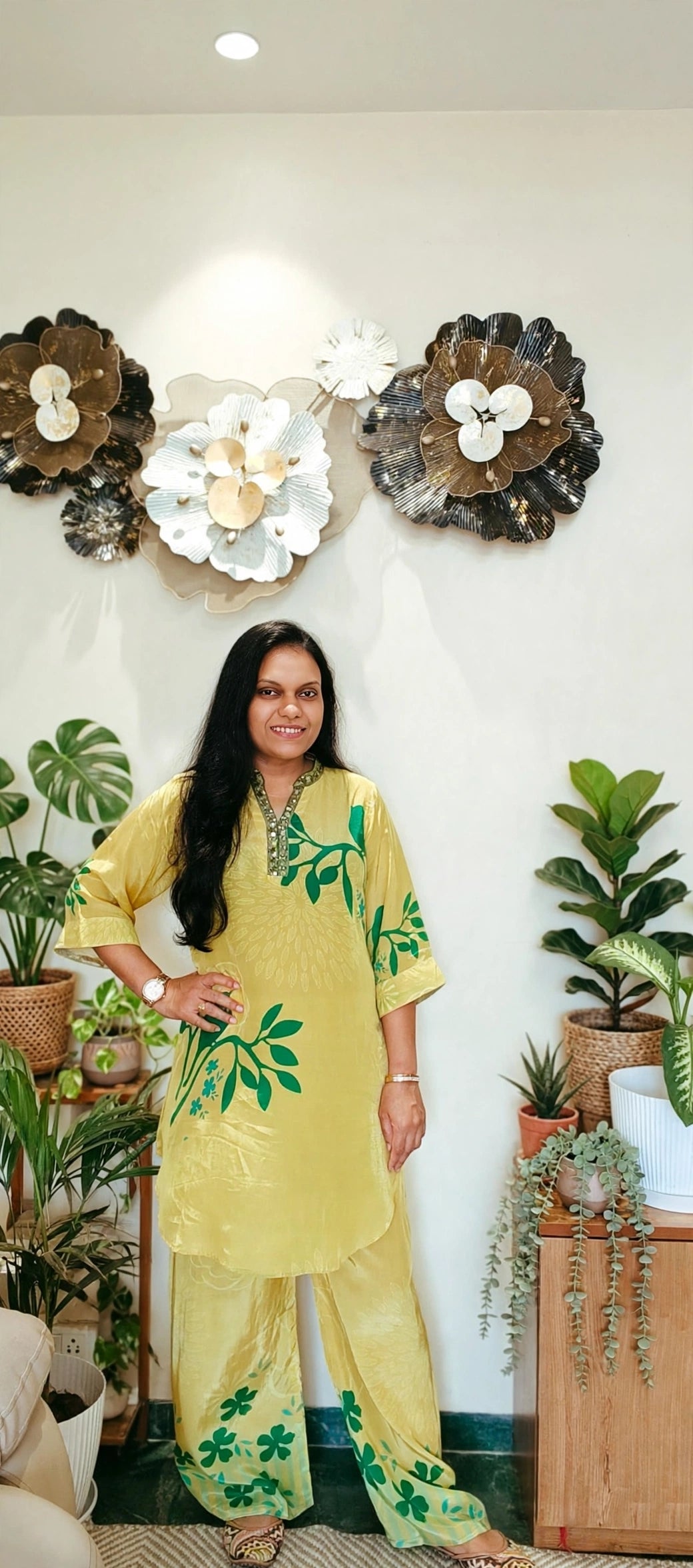 Pastel Yellow Crepe Co-Ord Set with Green Floral Design