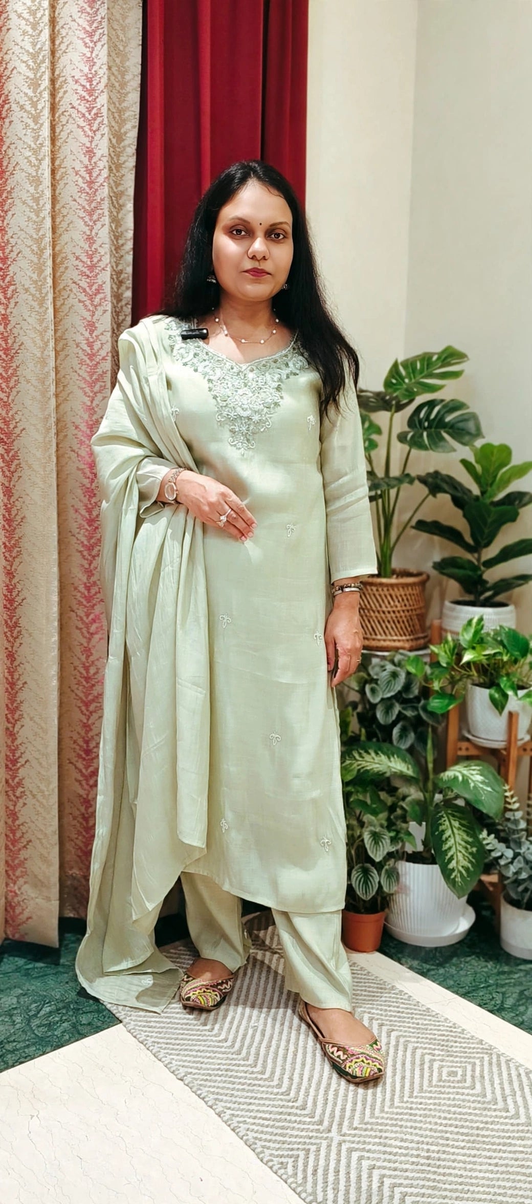 Pastel Green pearl embroidered neckline partywear mulchanderi Suit set, small pearl motif detailing on kurta and duptta, 3/4 sleves Mulchanderi pants