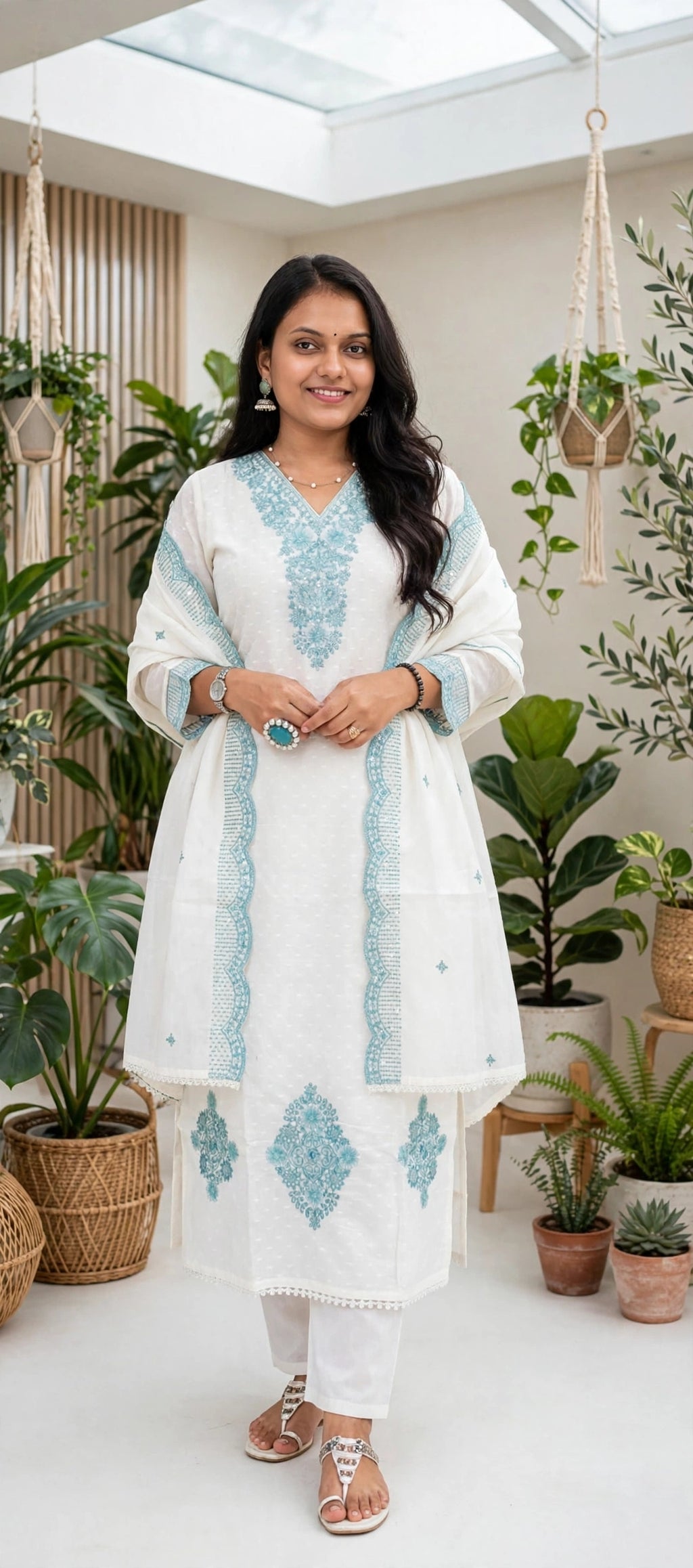 White Cotton Suit Set with Powder Blue Sequin Embroidered Yoke & Border