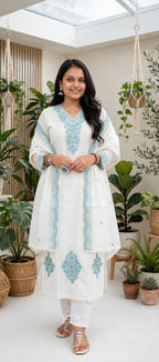 White Cotton Suit Set with Powder Blue Sequin Embroidered Yoke & Border