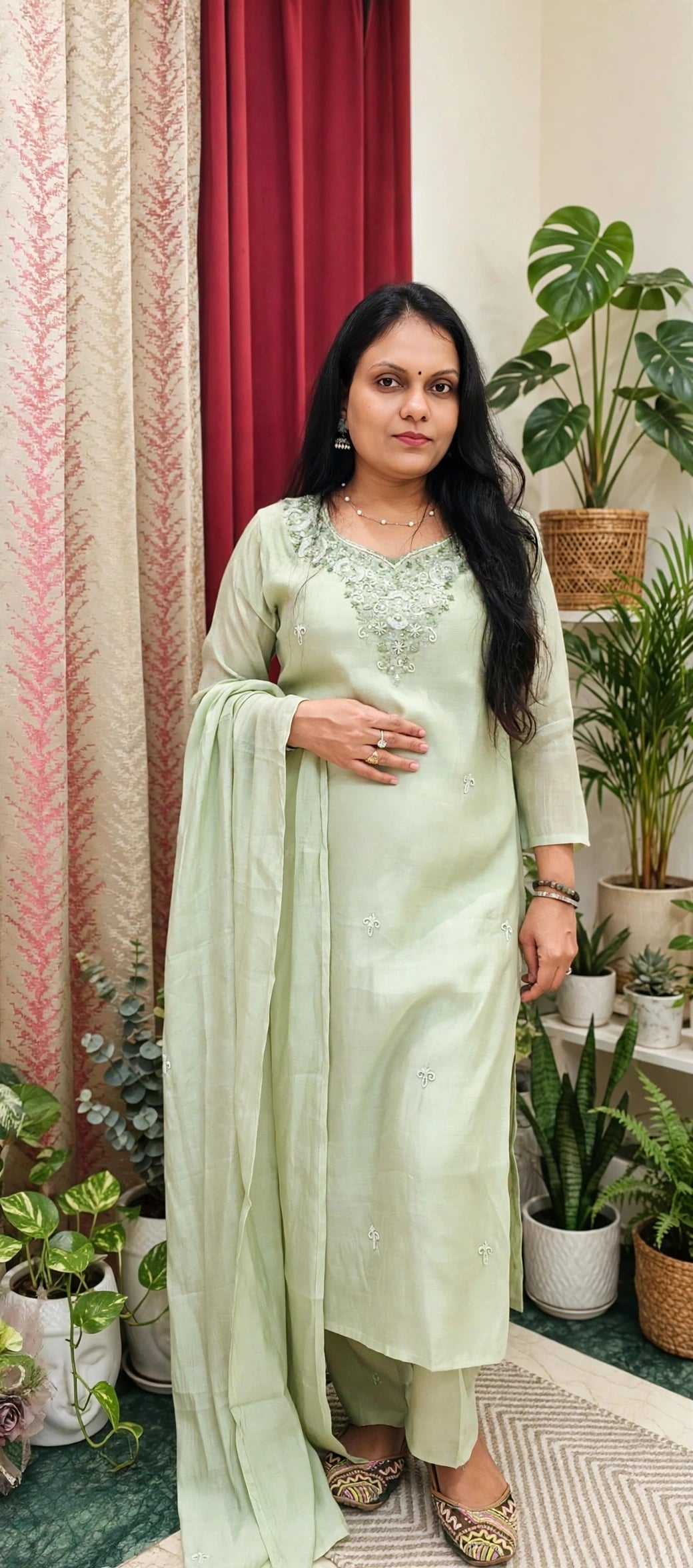 Pastel Green pearl embroidered neckline partywear mulchanderi Suit set, small pearl motif detailing on kurta and duptta, 3/4 sleves Mulchanderi pants