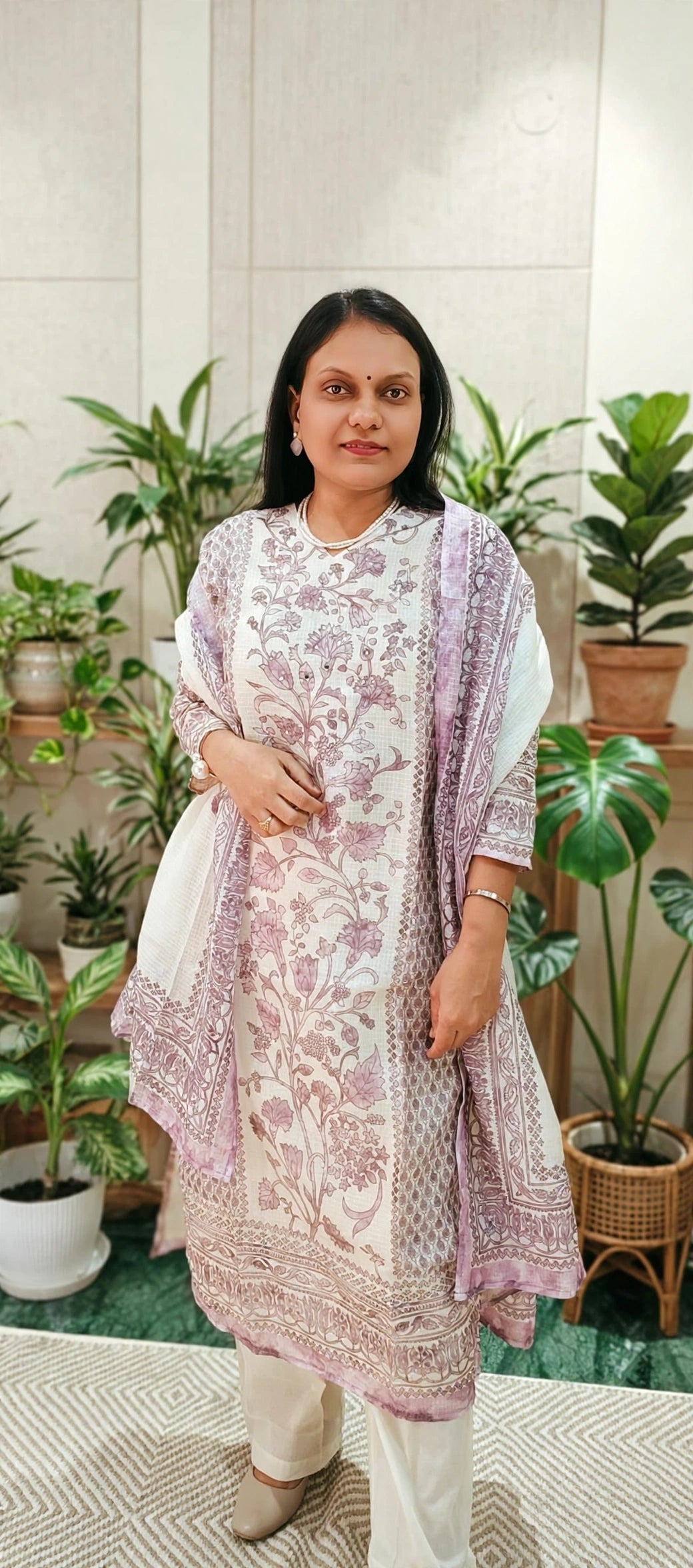 Off-White Cotton Kota Doria Suit Set with Mauve Floral Print & Sequin Embellished Yoke