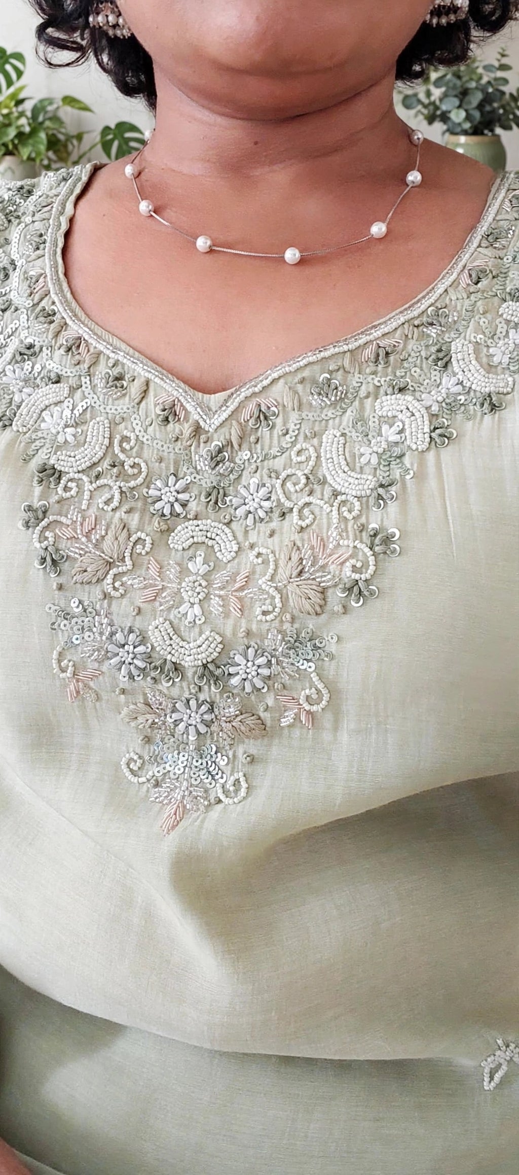 Pastel Green pearl embroidered neckline partywear mulchanderi Suit set, small pearl motif detailing on kurta and duptta, 3/4 sleves Mulchanderi pants