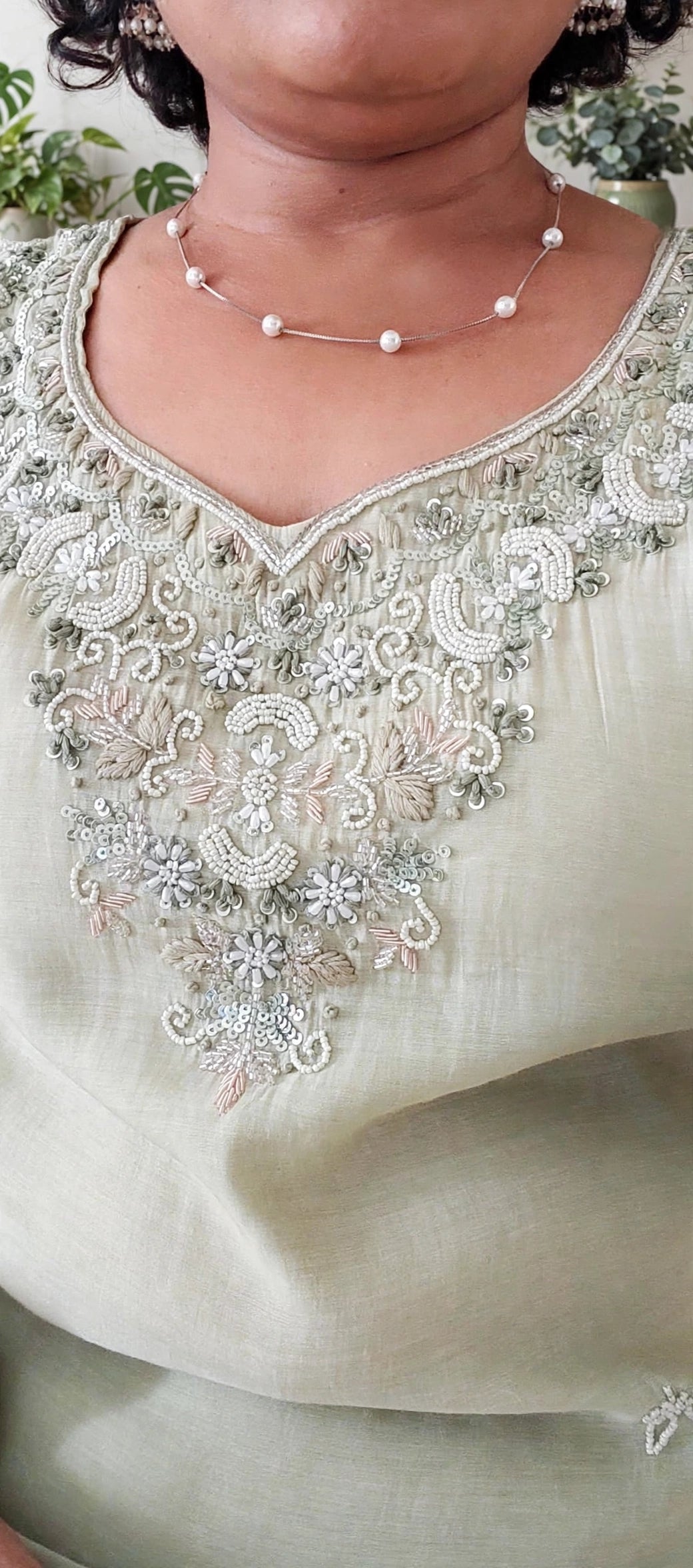 Pastel Green pearl embroidered neckline partywear mulchanderi Suit set, small pearl motif detailing on kurta and duptta, 3/4 sleves Mulchanderi pants