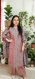 Light Cocoa Shade Mul Chanderi Cotton Floral Print Suit Set with Dupatta