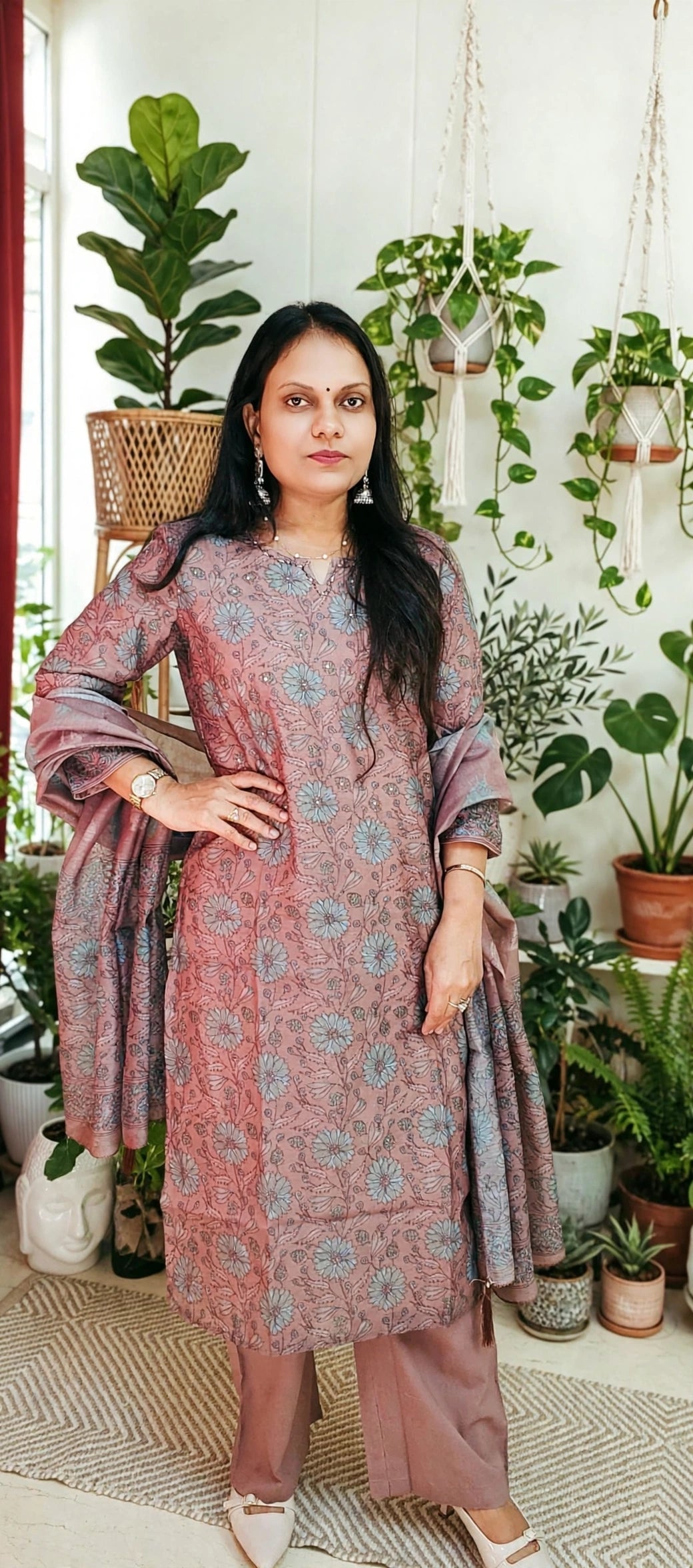 Light Cocoa Shade Mul Chanderi Cotton Floral Print Suit Set with Dupatta