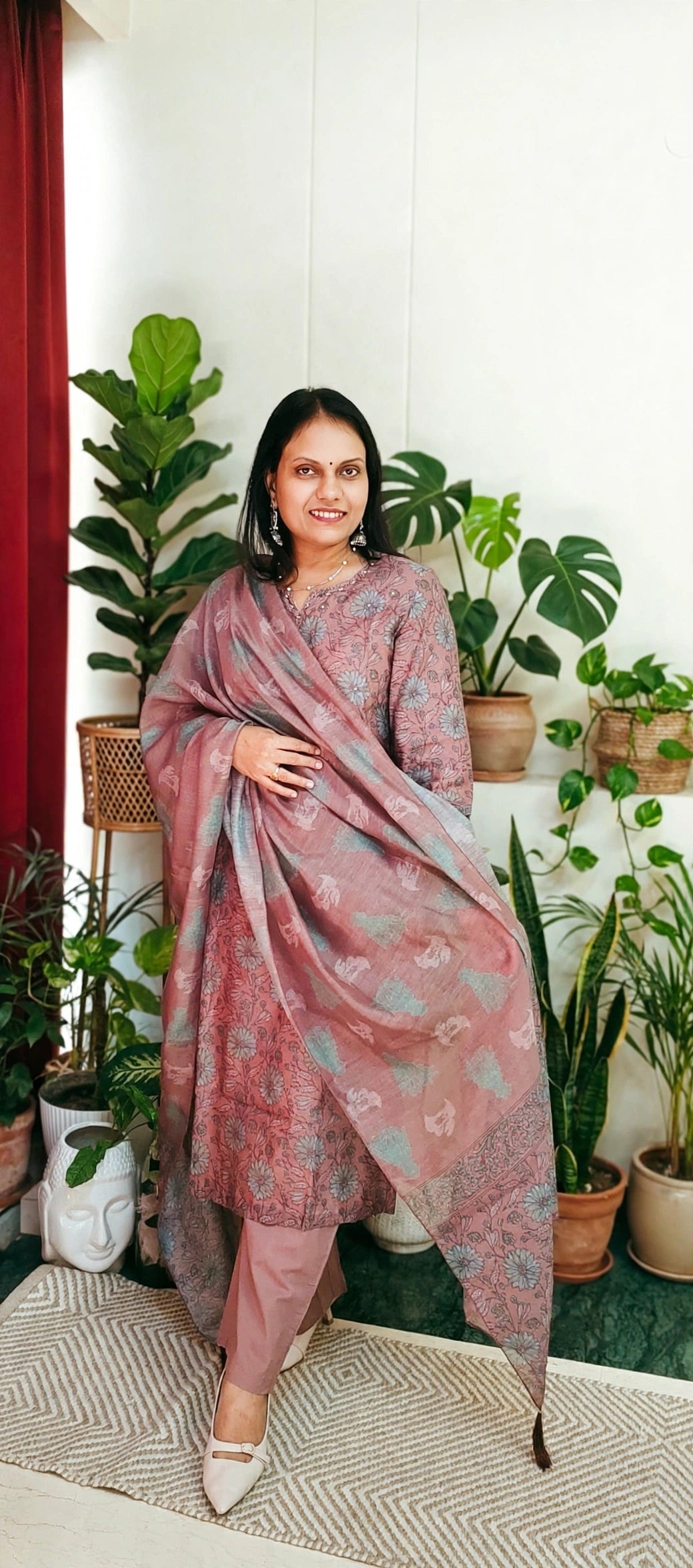 Light Cocoa Shade Mul Chanderi Cotton Floral Print Suit Set with Dupatta