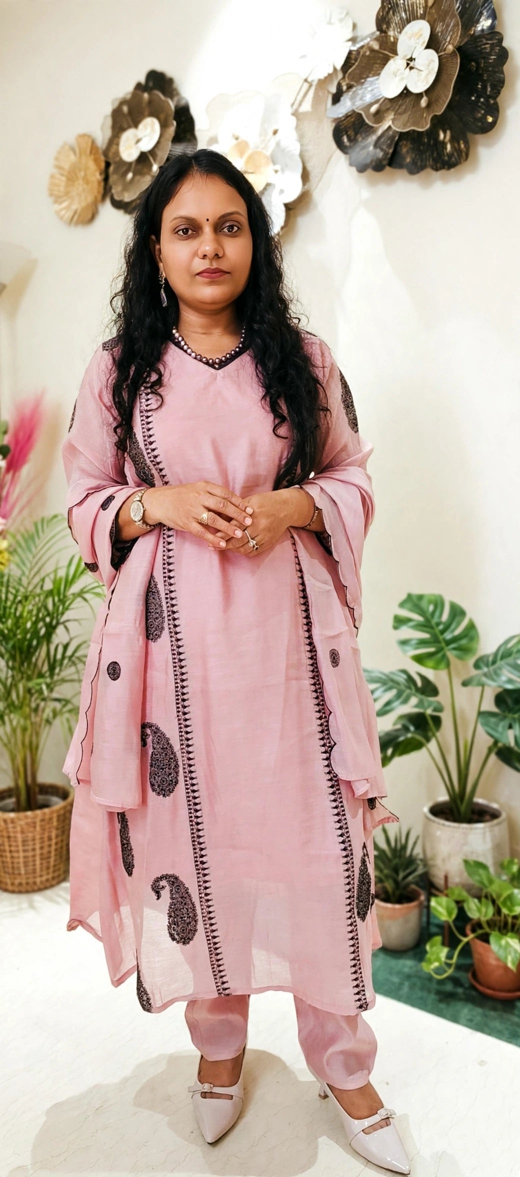 Baby Pink Mul Chanderi Cotton Paisley Embroidered Suit Set with Scalloped Dupatta