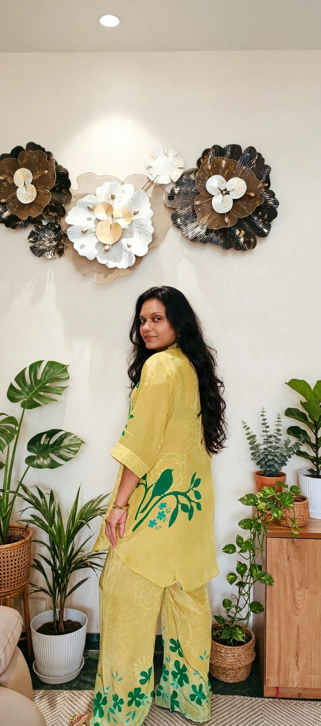 Pastel Yellow Crepe Co-Ord Set with Green Floral Design