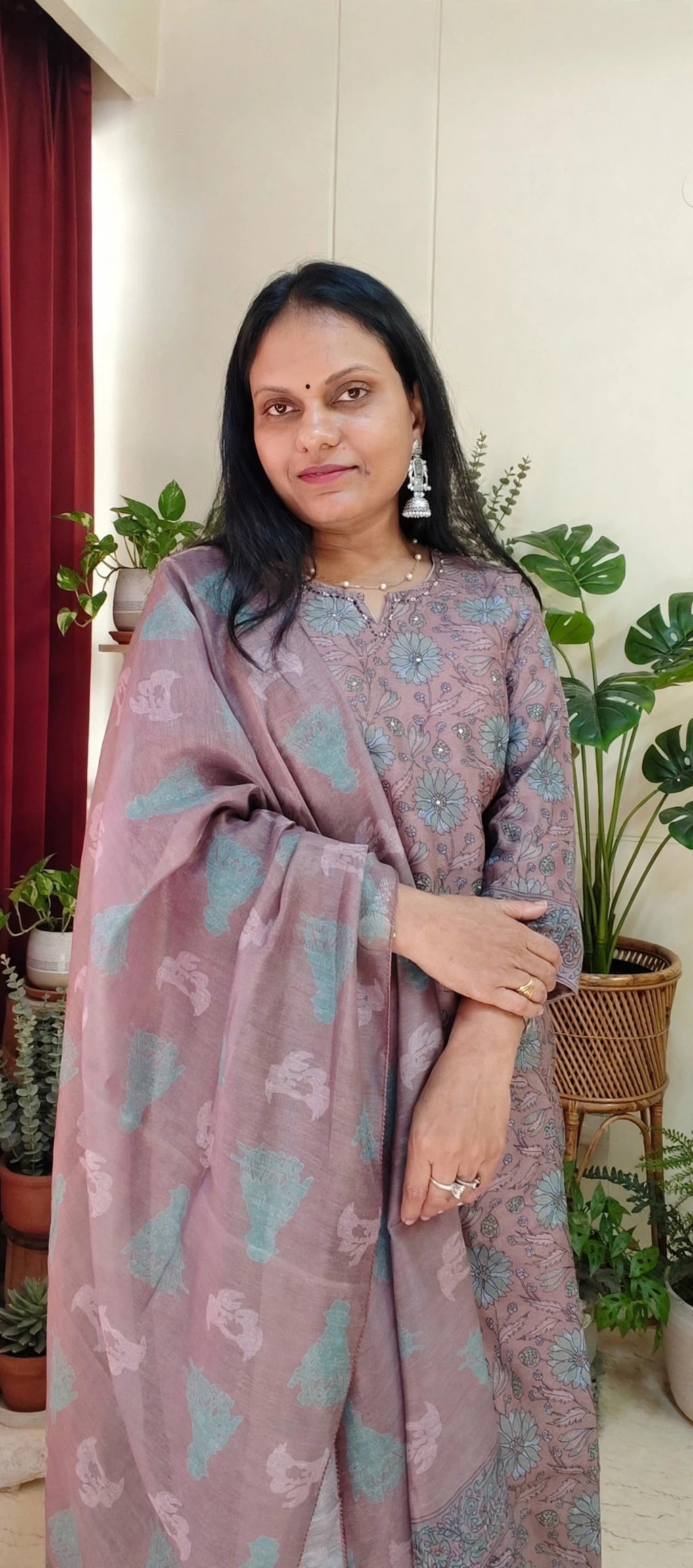 Light Cocoa Shade Mul Chanderi Cotton Floral Print Suit Set with Dupatta