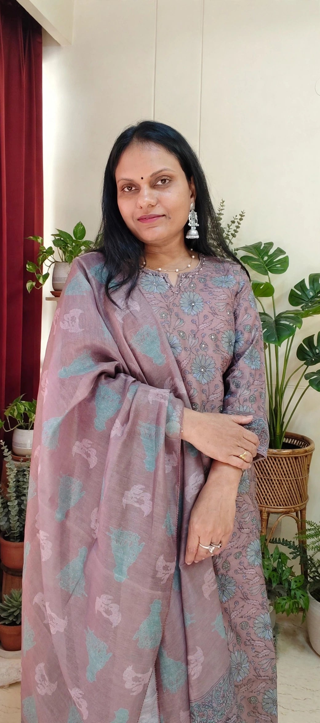 Light Cocoa Shade Mul Chanderi Cotton Floral Print Suit Set with Dupatta