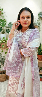 Off-White Cotton Kota Doria Suit Set with Mauve Floral Print & Sequin Embellished Yoke