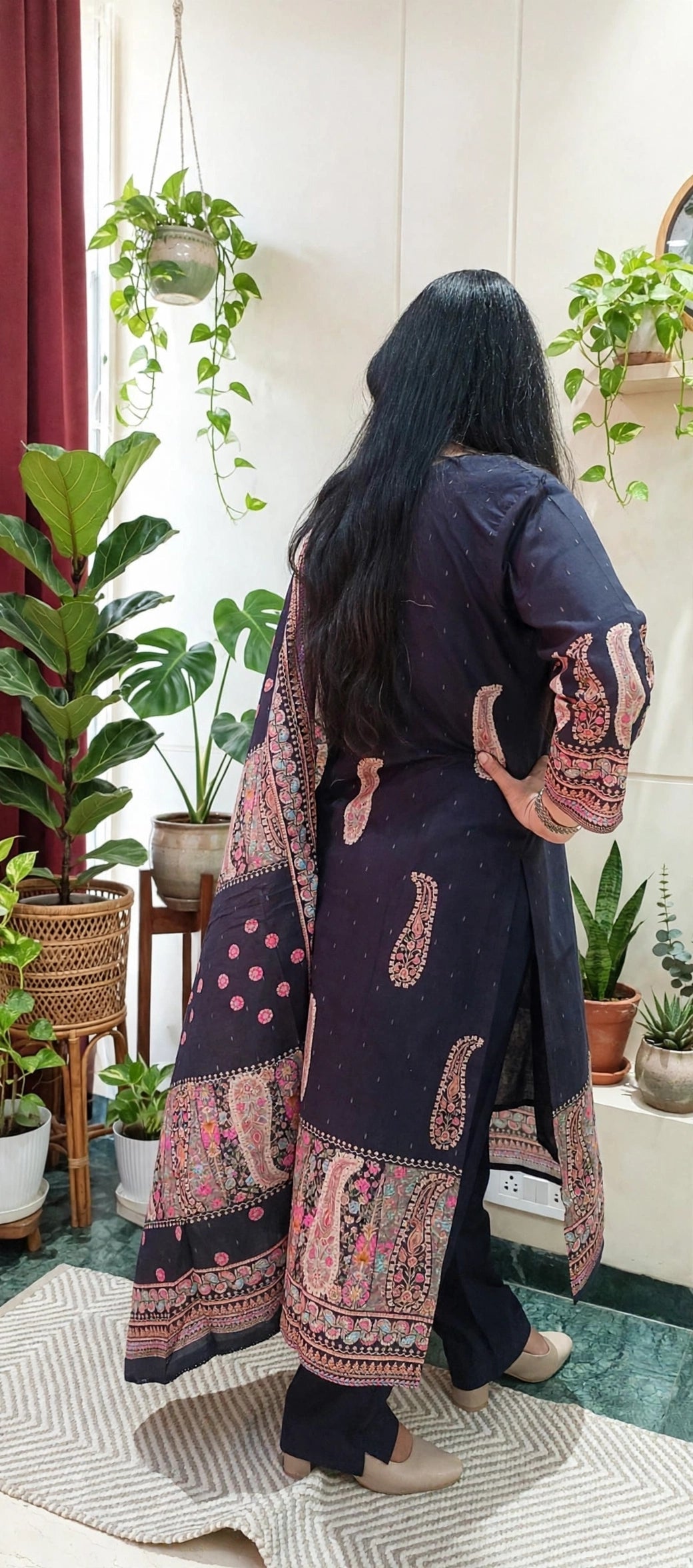 Black Cotton Suit Set with Kashmiri Paisley Print & Multicolor Embroidered Yoke