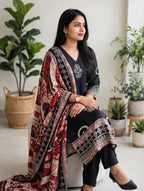 Premium Black Crepe Kurta Pant Dupatta Set with Kalamkari Print and Sequin Detailing