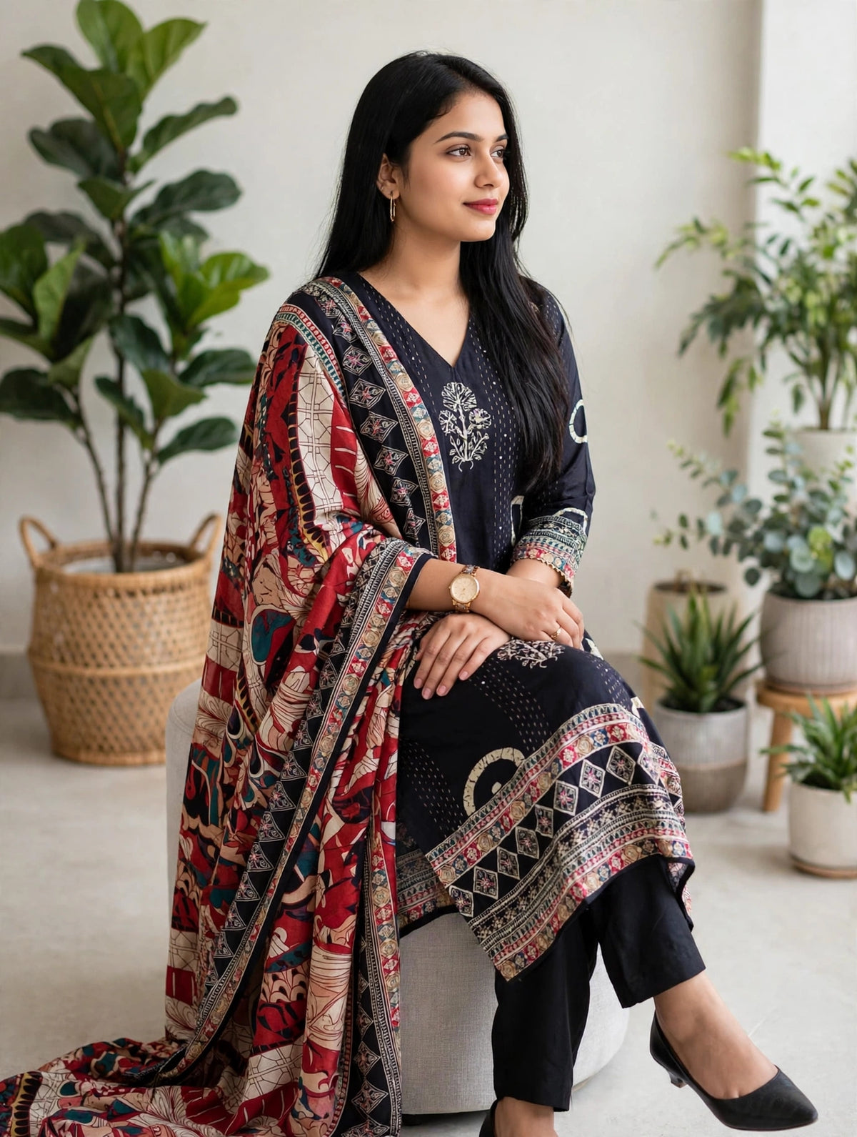 Premium Black Crepe Kurta Pant Dupatta Set with Kalamkari Print and Sequin Detailing