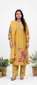 Mustard Yellow Jacquard Silk Kurta Set with Floral Weaving, Embellished Yoke & Organza Dupatta
