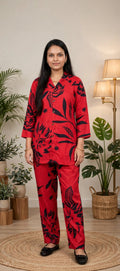 Red & Black Tropical Print Russian Cotton Co-ord Set – Shirt-Style Top with Straight Pants (Set of 2)