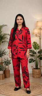 Red & Black Tropical Print Russian Cotton Co-ord Set – Shirt-Style Top with Straight Pants (Set of 2)