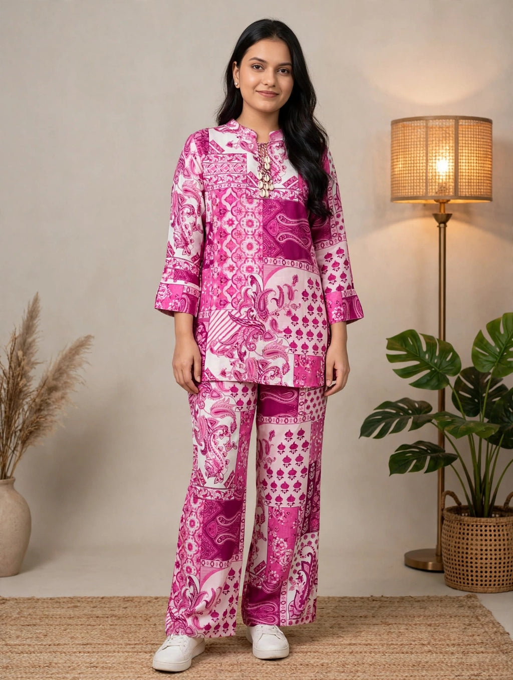 Pink Paisley Print Premium Crepe Co-ord Set – Kurta with Flared Pants (Set of 2)