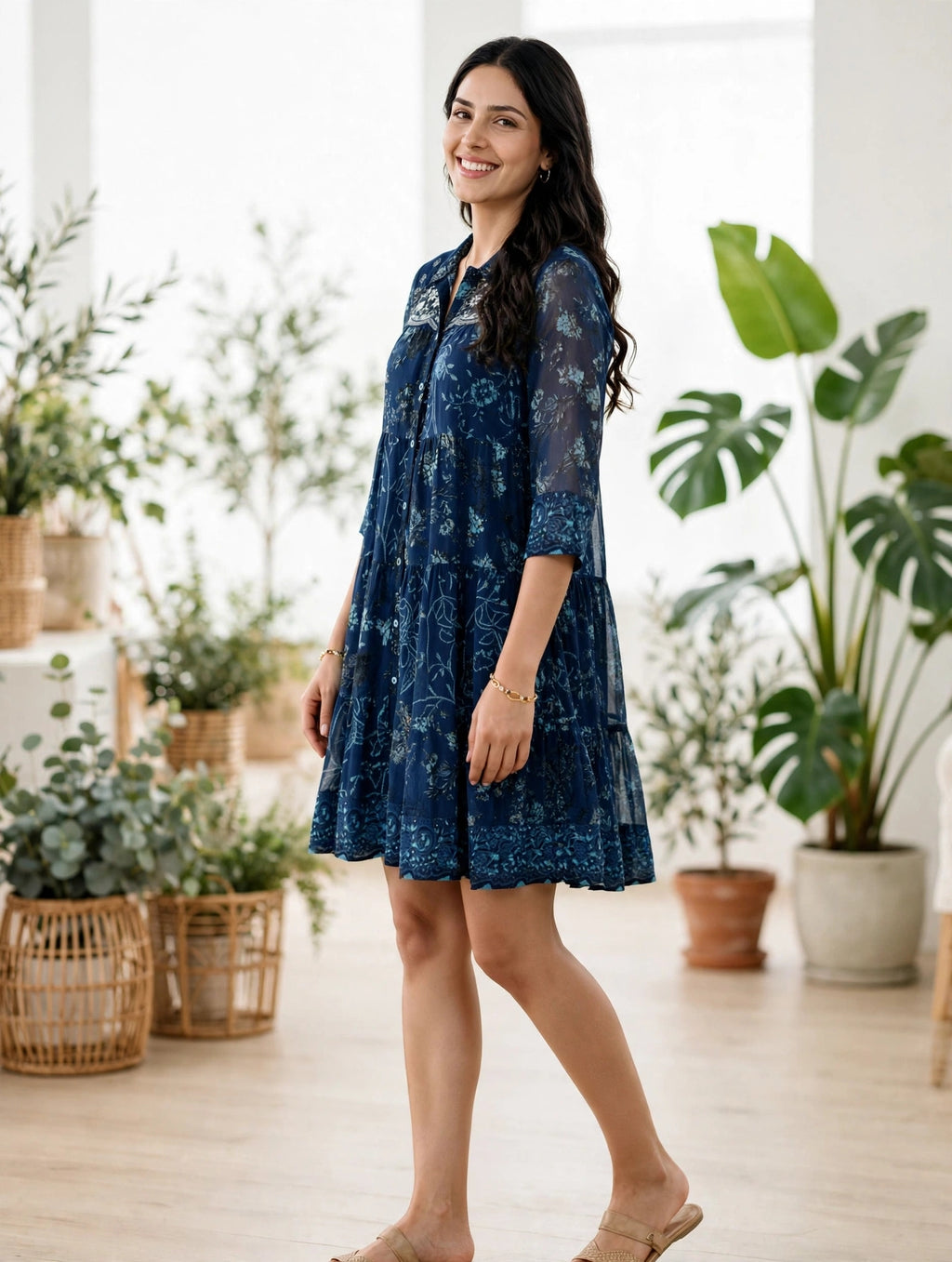 Navy Blue Floral Print Tiered Dress – Embroidered Yoke with Front Buttons