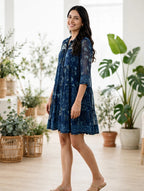 Navy Blue Floral Print Tiered Dress – Embroidered Yoke with Front Buttons