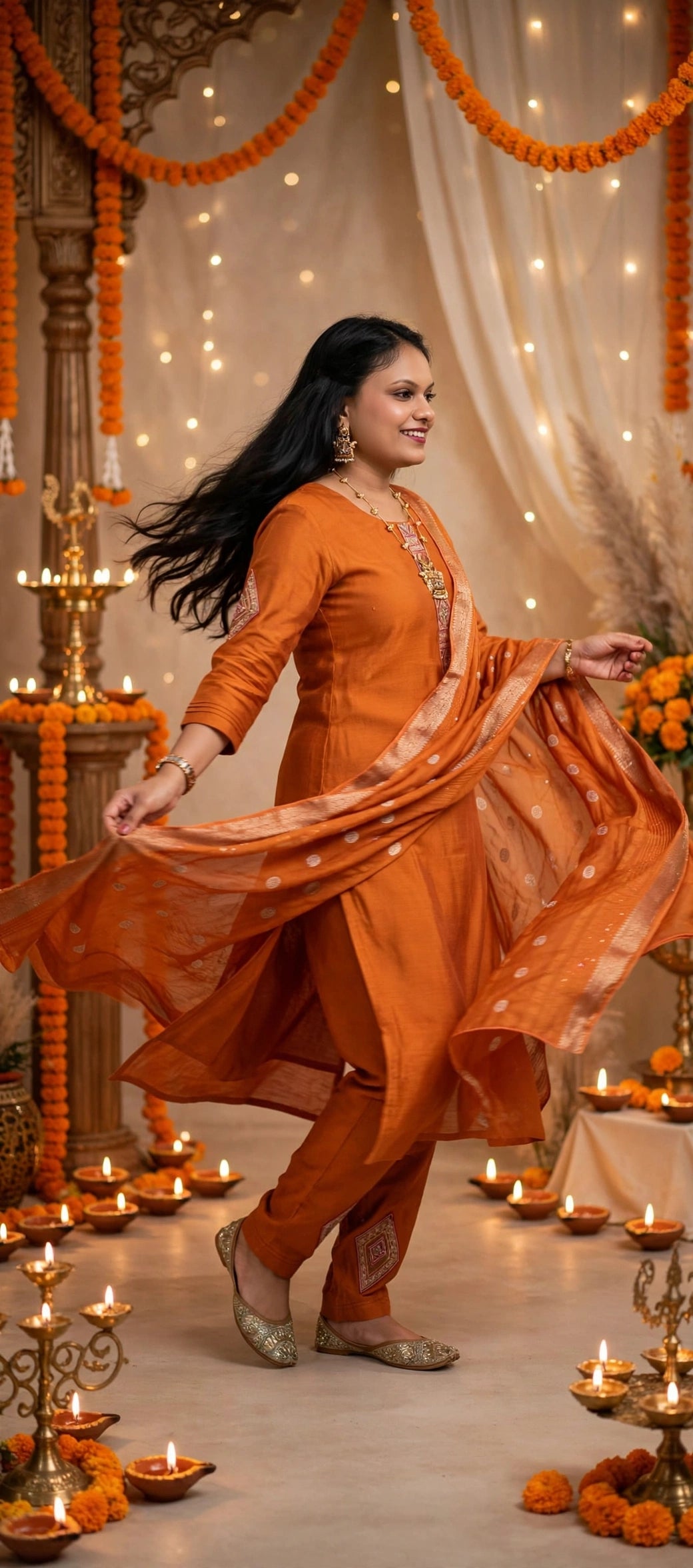 Rust Orange Russian Cotton Kurta Pant Set with Zari Dupatta