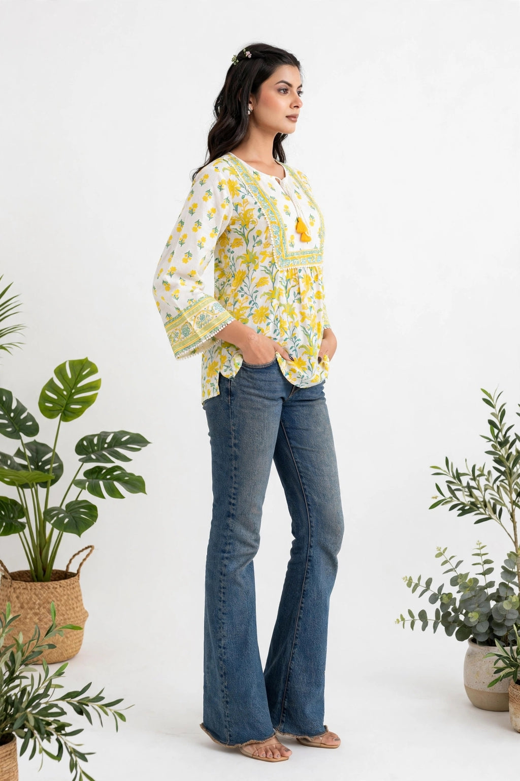 White & Yellow Floral Print Premium Cotton Top – Tassel Tie-Up Tunic with Bell Sleeves