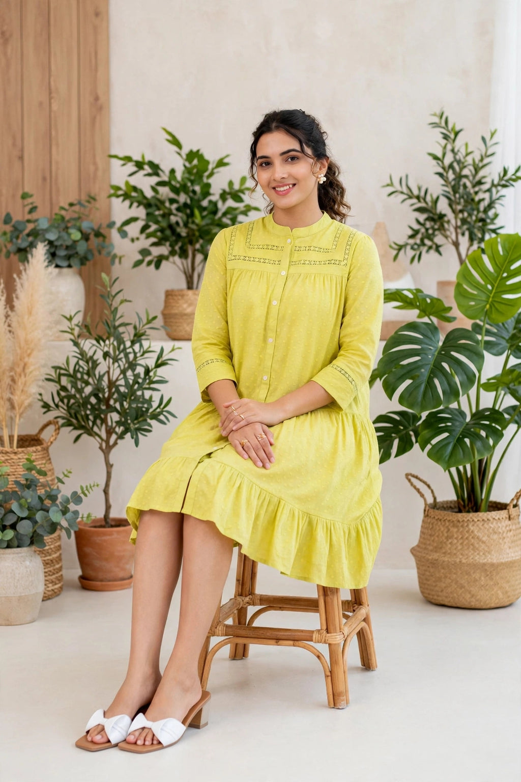 Lime Yellow Premium Cotton Tiered Dress – Lace Insert Yoke with Front Buttons