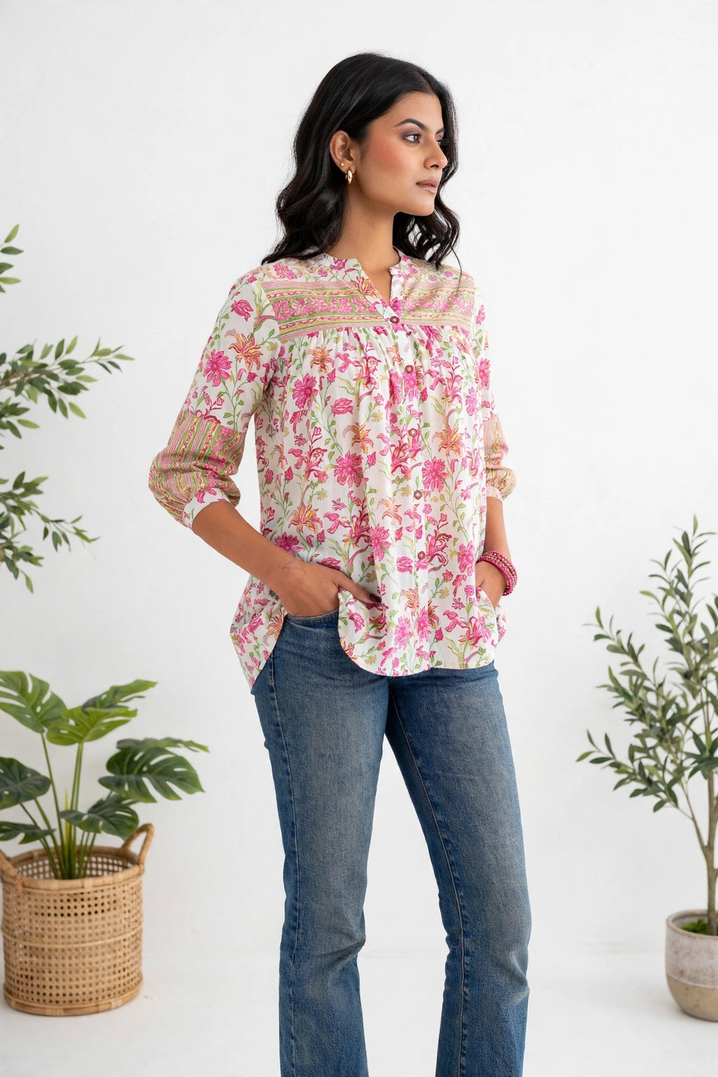 White & Pink Floral Print Premium Cotton Top – Gathered Yoke Tunic with Balloon Sleeves