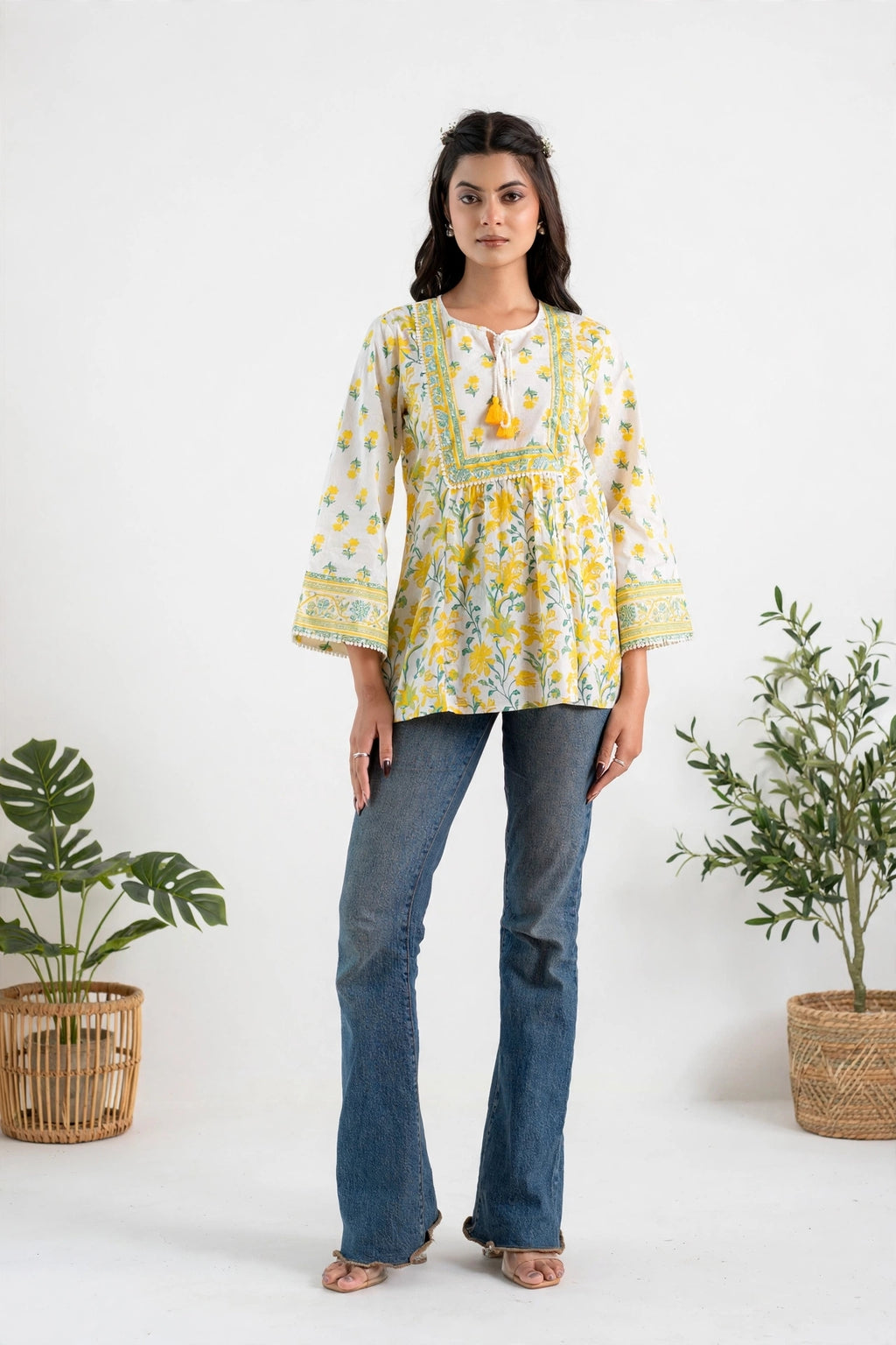 White & Yellow Floral Print Premium Cotton Top – Tassel Tie-Up Tunic with Bell Sleeves