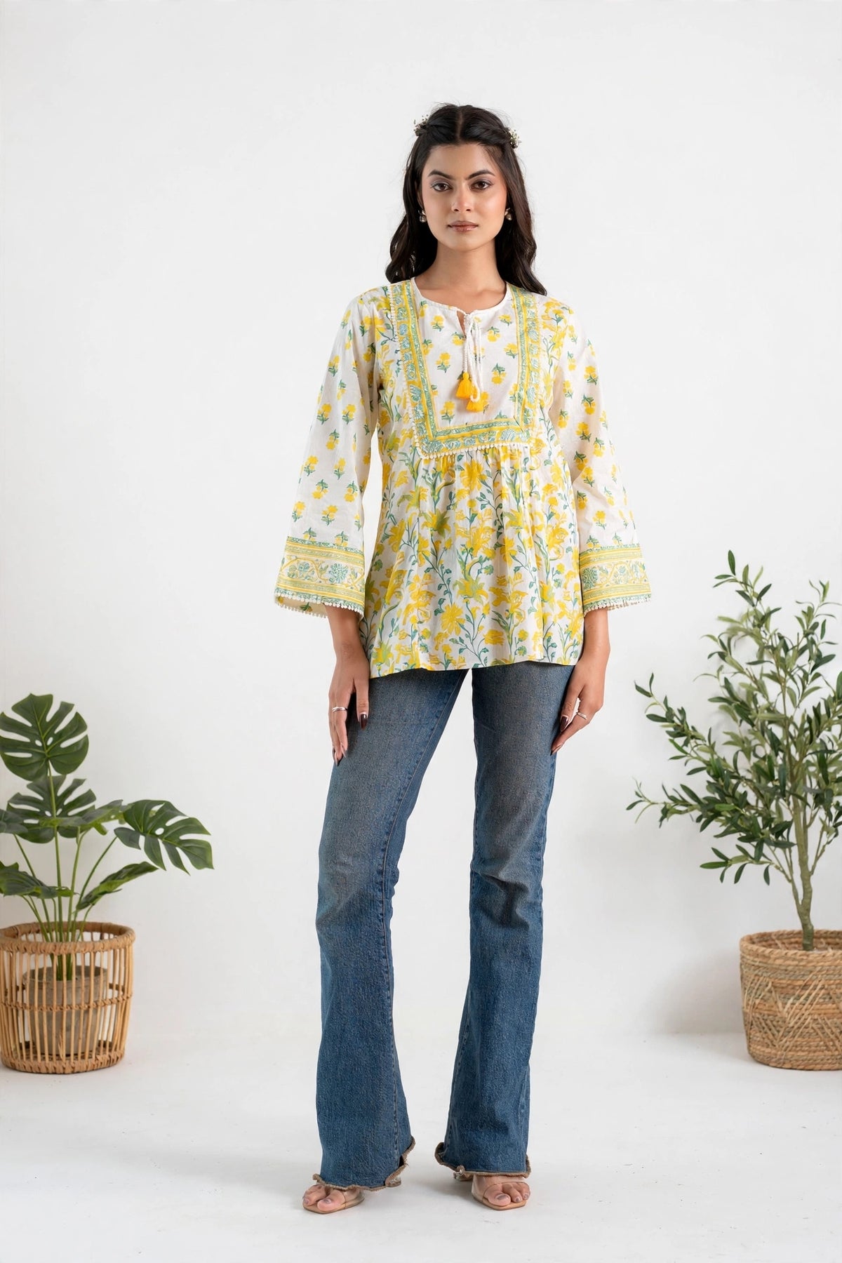 White & Yellow Floral Print Premium Cotton Top – Tassel Tie-Up Tunic with Bell Sleeves