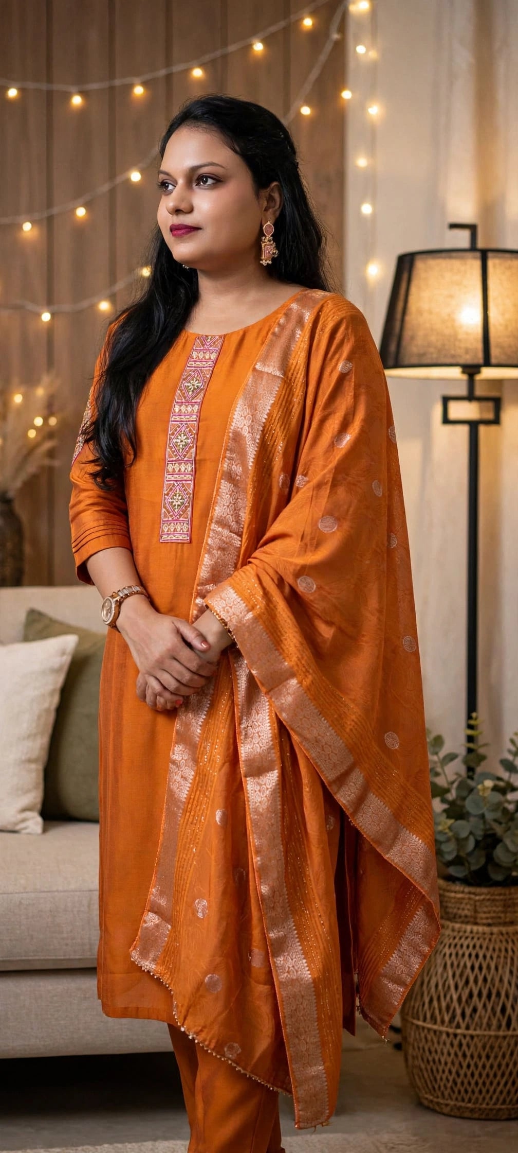 Rust Orange Russian Cotton Kurta Pant Set with Zari Dupatta