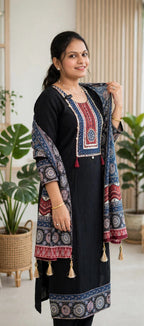 Premium Black Russian Crepe Ajrak Print Kurta Set with Embellished Yoke & Ajrak Dupatta