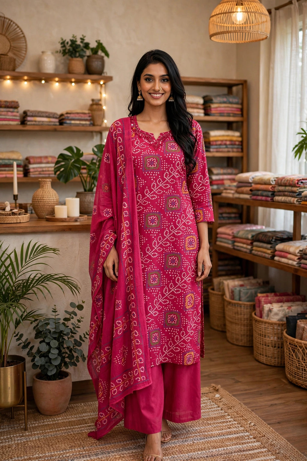 Rani Pink Pure Cotton Bandhani Print Kurta Pant Dupatta Set