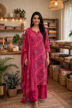 Rani Pink Pure Cotton Bandhani Print Kurta Pant Dupatta Set