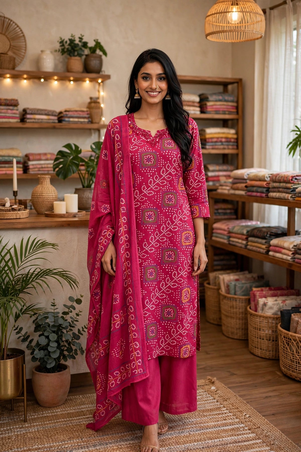 Rani Pink Pure Cotton Bandhani Print Kurta Pant Dupatta Set