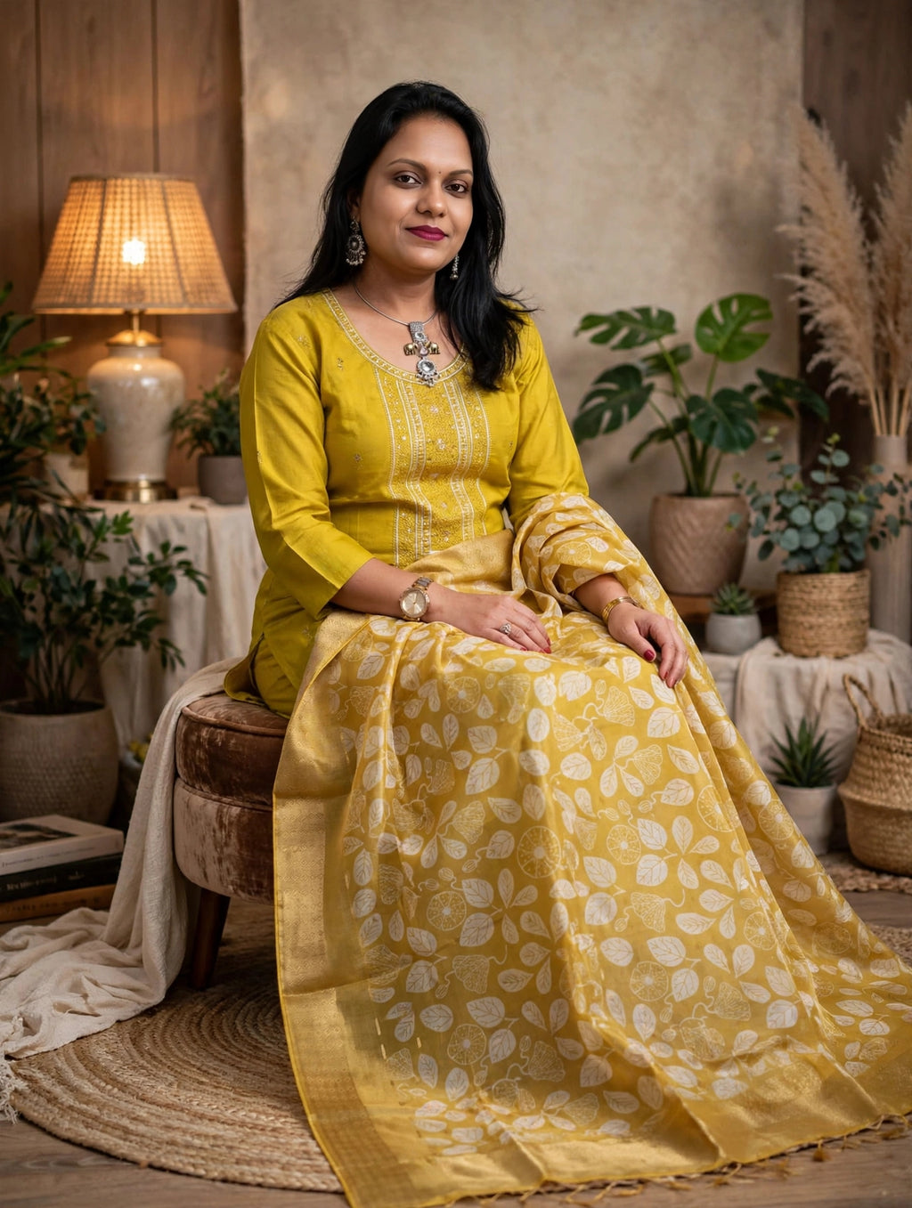Lime Yellow Russian Silk Embroidered Kurta Set with Inner Lining & Printed Zari Border Dupatta