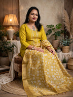 Lime Yellow Russian Silk Embroidered Kurta Set with Inner Lining & Printed Zari Border Dupatta