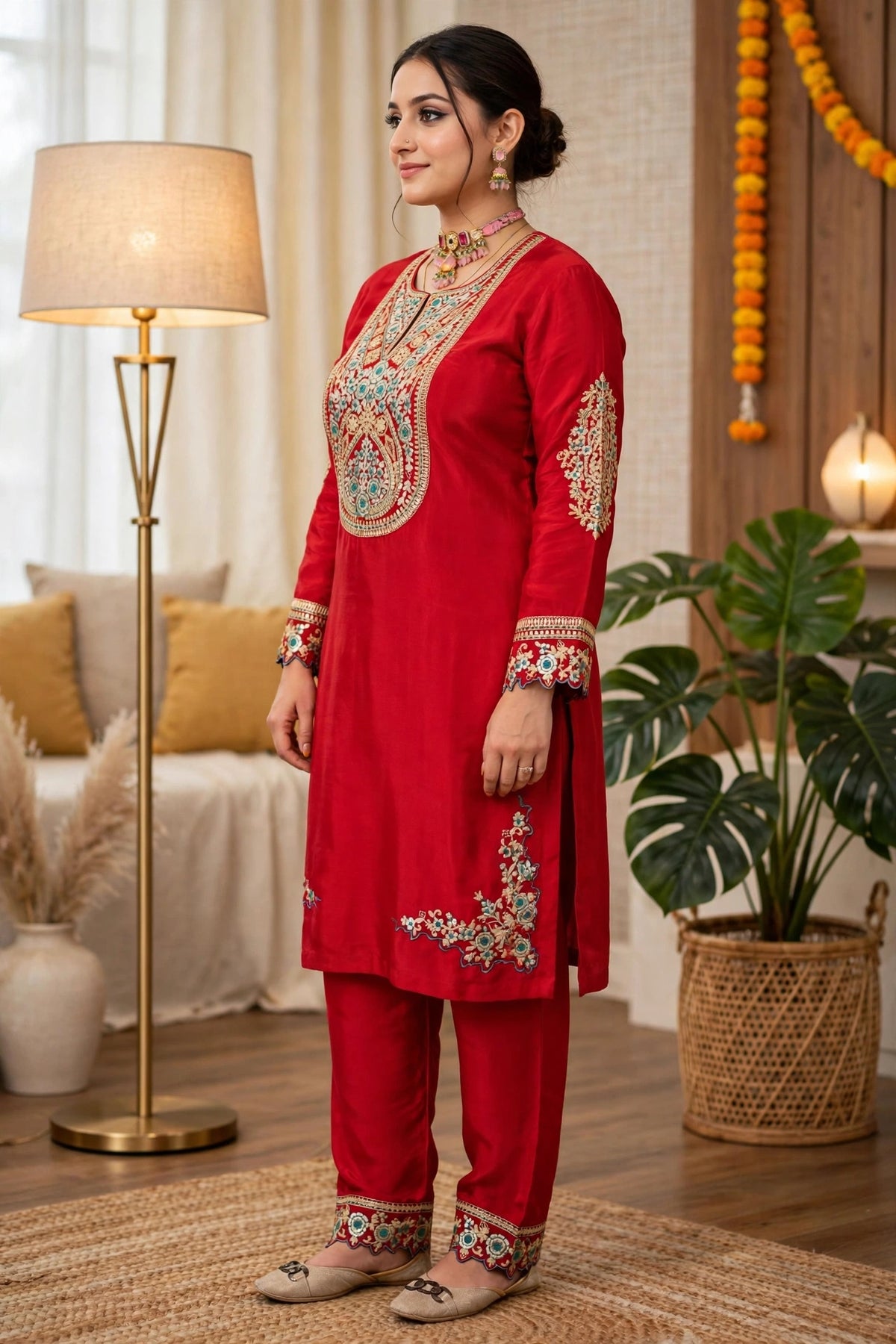 Rust Embroidered Premium Crepe Festive Co-ord Set – Kurta with Embroidered Hem Pants (Set of 2)